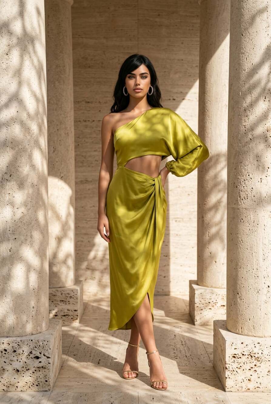 Zara One-Shoulder Satin Cut-Out Midi Dress Size XS